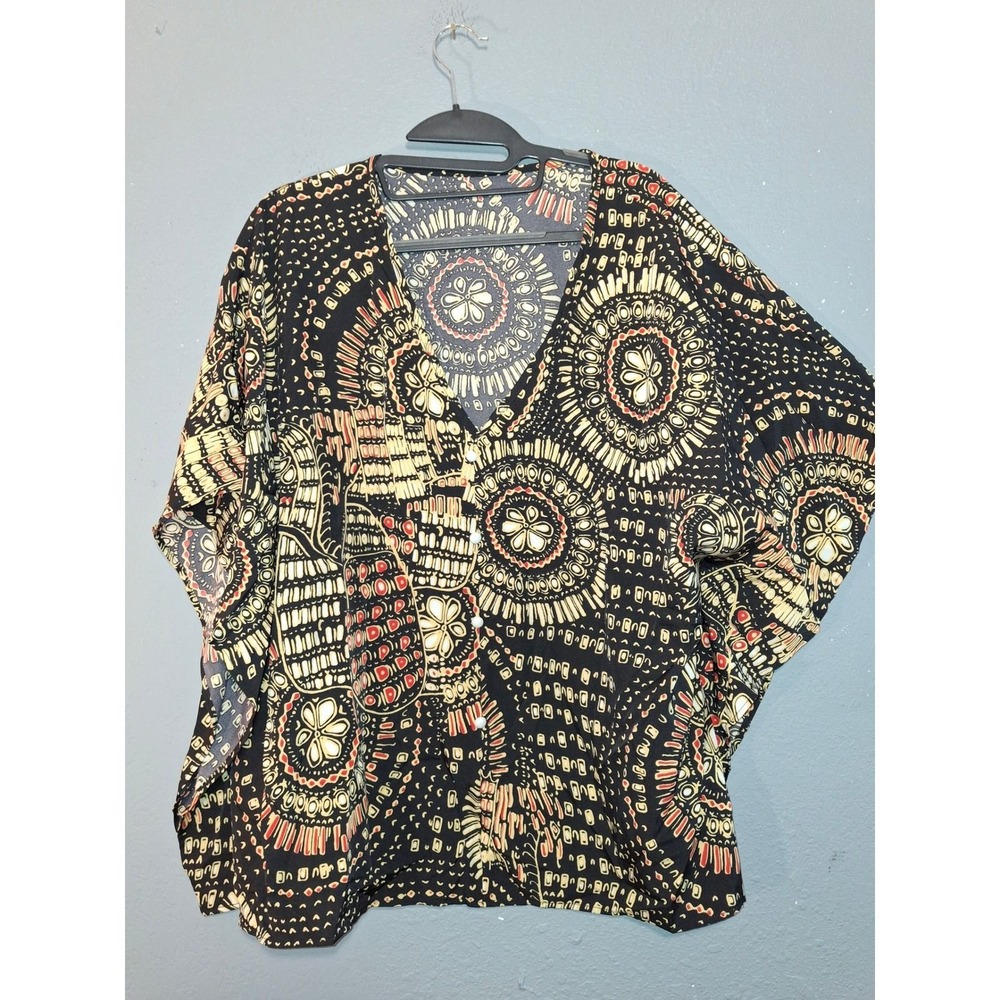 Shein Curve Womens 1XL Black Yellow Red Tribal Medallion Dolman V-Neck Blouse